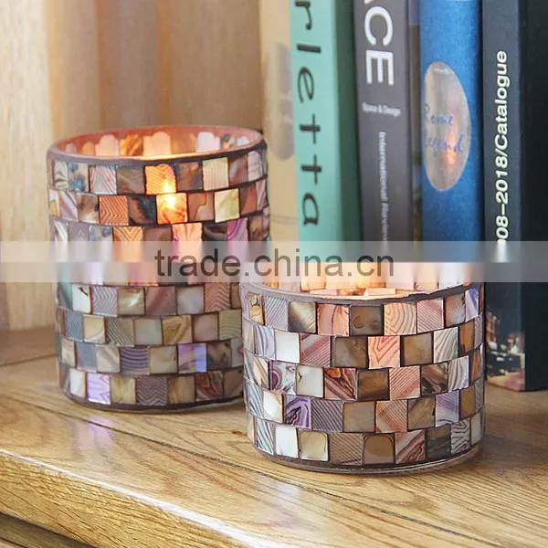 Mosaic Glass Candle Holder Coffee Color Shell Votive Candle Holder photo-4