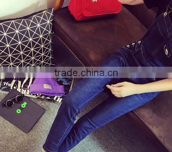 Spring Dark Blue Overalls Siamese Slim Influx of Female Feet Hole Jeans Pants Collapse Was Thin Pants Suspenders photo-3
