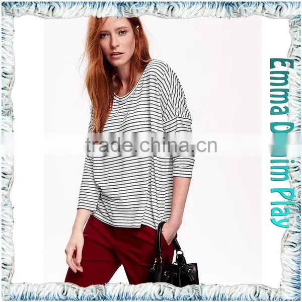 Latest Arrival Ladies Stylish Style 3/4 Sleeve Black White Stripe Knit Cotton O Neck Tee Shirts photo-2