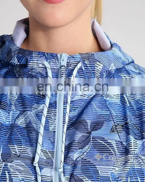 Blue Hooded Printed Women Custom Windbreaker Jacket photo-3