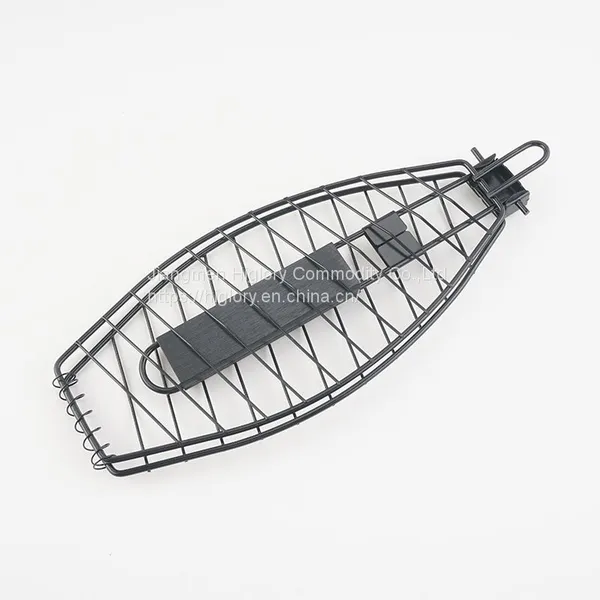 BBQ Fish Grill Basket Chrome Plated BBQ Barbecue Grill Accessories Mesh Wire Fish Basket With Wood Handle photo-5
