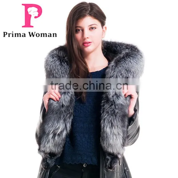 2015 Winter Medium Length Women Leather Jacket With Brown Fox Hat Overcoat photo-3