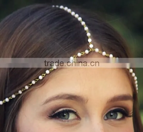 Whosale Bride Wedding Bride Hair Decoration Headbands Indian Boho Pearl Head Chain photo-2