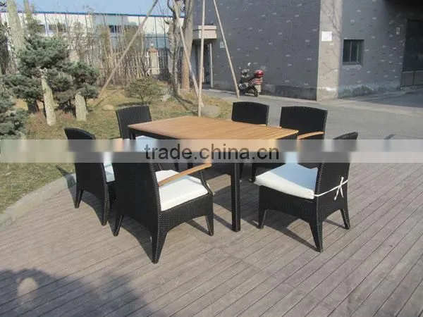 Wood Dining Table 6 Chairs Set Poly Rattan Material photo-3