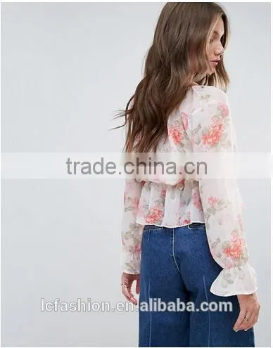 OEM Service Supply Type Women Sexy Tops and Blouses Floral Print Plunge Blouse photo-3