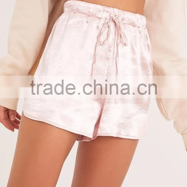 MGOO High Waist Plain Blush Satin Shorts With Drawstring Elastic Waist Hot Shorts photo-5