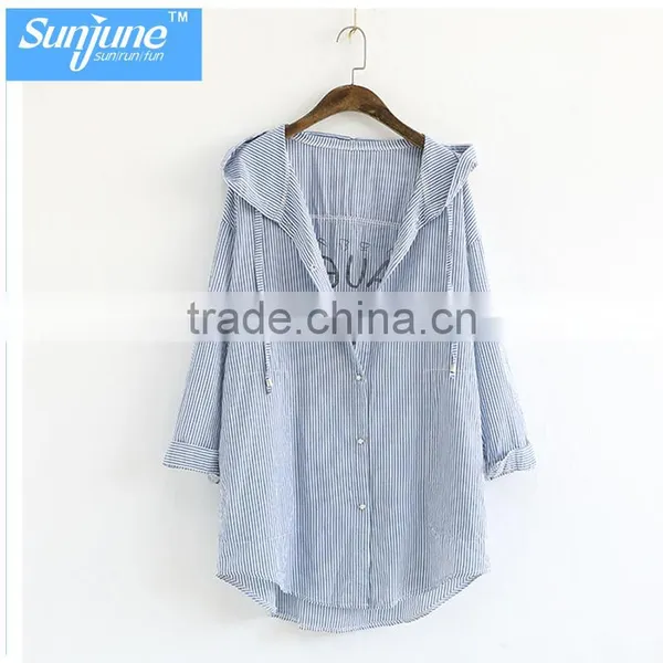 Wholesale Womens 100% Cotton Soild Oxford Print Blouse With Hood photo-5