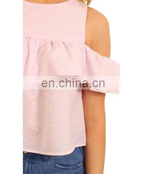 2017 Summer Style Pink Cold Shoulder Frill Top photo-2