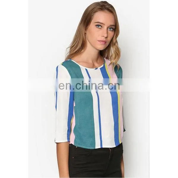 Fashion Design Half Sleeve Stripe Wrap Back Tee Office Elegant Top Woman photo-2