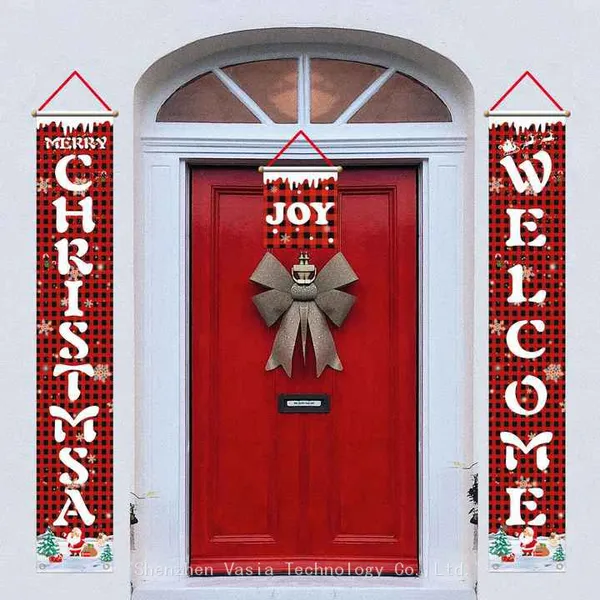 Wholesale Merry Christmas Porch Banners Buffalo Plaid Indoor Outdoor Hanging Signs for Home Party Decor Bulk photo-4