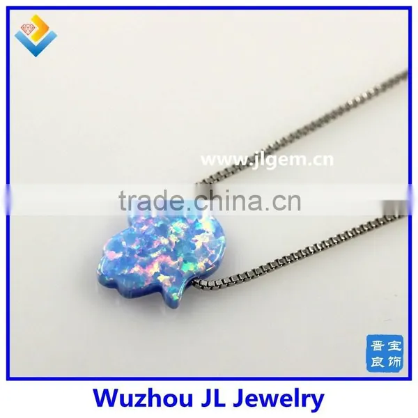 2015 New Arrived Synthetic S925 Sterling Silver Chain Light Blue Opal Hamsa Pendant Opal Jewelry photo-4