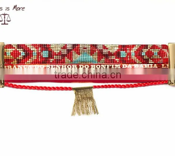 Multilayer Brazilian Red Mini Beads Bracelet With Gold Braided Tassel Bracelet