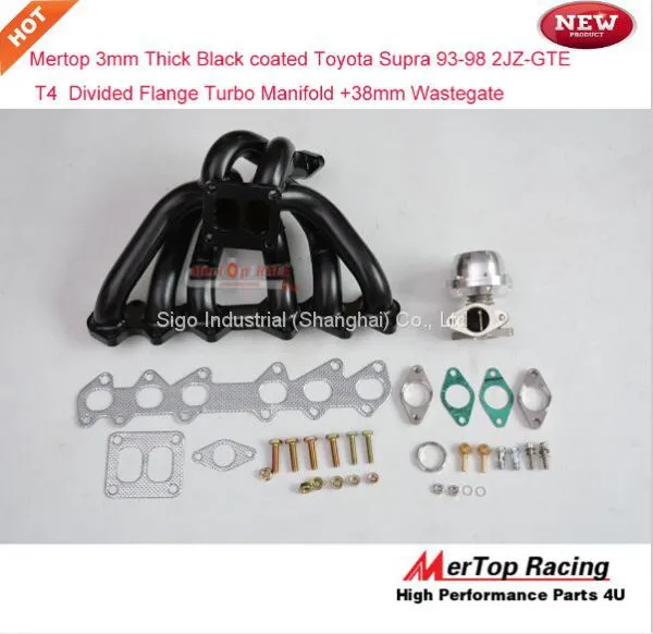 Mertop 3mm Thick Black Coated Toyot* Supra 93-98 2JZ-GTE 2JZ Twin Turbo Divided Flange Turbo Manifold +38mm Wastegate