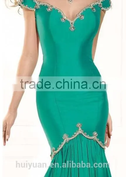 Green Satin Beaded Sweetheart Neckline Sample Design Short Sleeve Dress photo-5