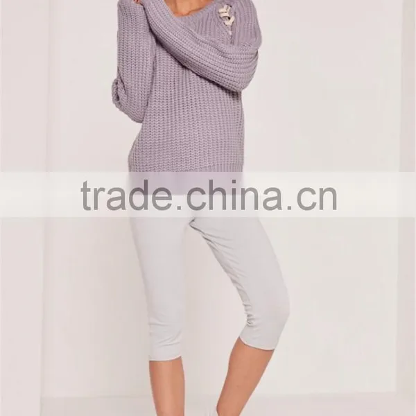 Custom Label Brand Women Plain Long Sleeve Knitwear Crewneck Lace Up Jumper Purple Pullover Oversized photo-5