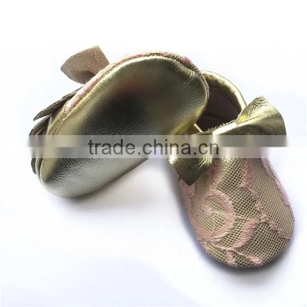Lace Gold Bow Moccasins Soft Sole Moccasins Baby Girl Shoes photo-2