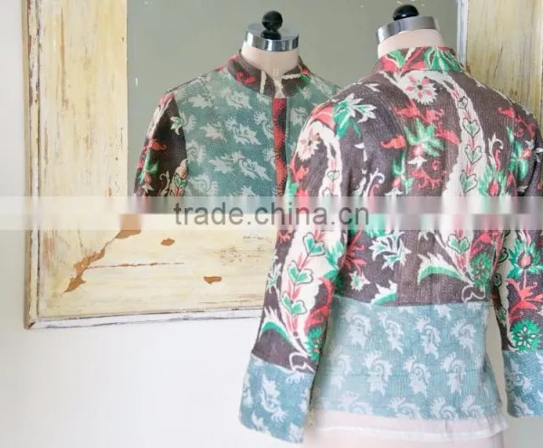 Vintage Kantha Jacket in Dirty Green & Brown ~ Small photo-4