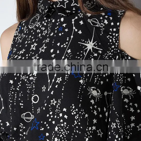 Slim V Neck Off Shoulder Sleeve Galaxy Printing Blouse photo-3