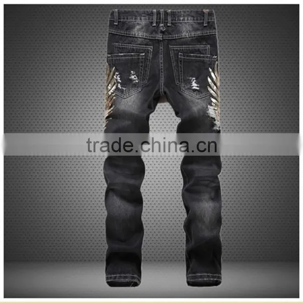 New Stytlish Men Sequin Gold Wings Slim Straight Trousers Ripped Frayed Jeans photo-2