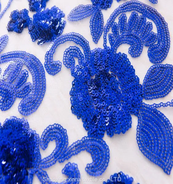Cheap Wholesale Glitter Blue Fringe Flower Sequin Lace Fabric photo-2