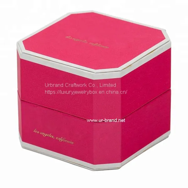Octagonal Cardboard Ring Jewelry Box Red Texture Paper Gift Box With Custom Gold Foil Logo photo-3