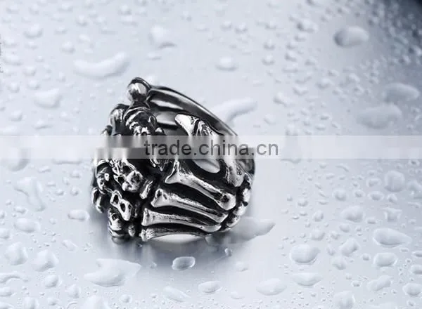Mens Silver Black Vintage Skull Hand Bone Gothic 316Lstainless Steel Ring Band photo-2
