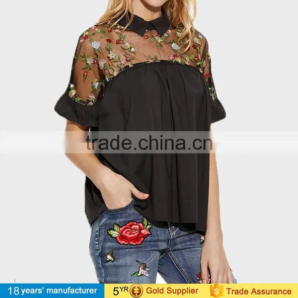 2017 Summer Tops Black Flower Embroidered Sheer Neck Ruffle Cuff Tie Back Top Woman Short Sleeve Vintage Blouse photo-2