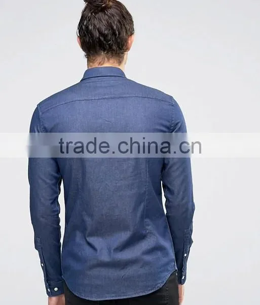 Guangzhou High Quality Custom Long Sleeve Spread Collar Mens Cotton Elastane Stretch Denim Casual Navy Solid Shirts photo-2