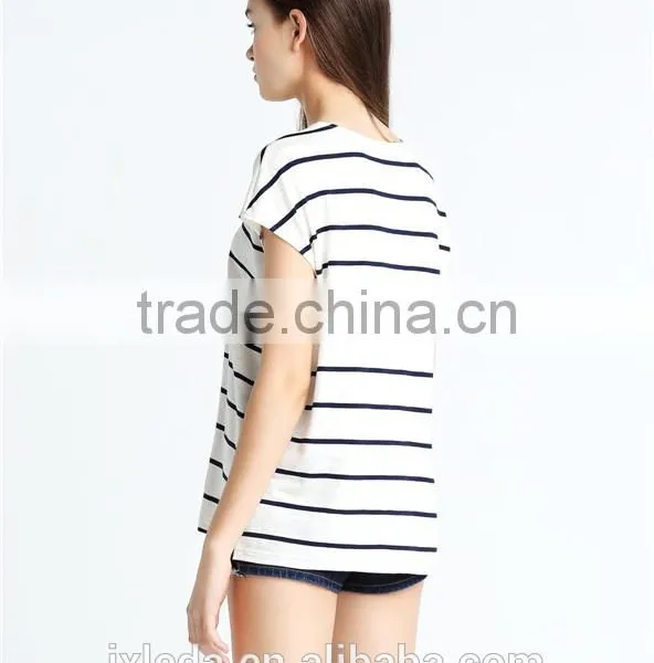 European American Style Leisure Loose Knitting Minimalism Round Collar Short Sleeve Stripe T-shirt photo-2