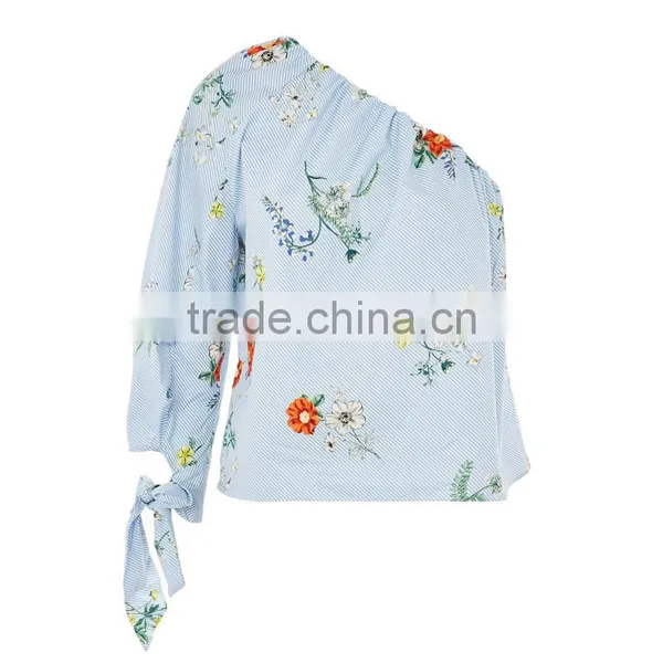 Tie Cuff Modern Lady's One Shoulder Stripe and Floral Poplin Blouse photo-6
