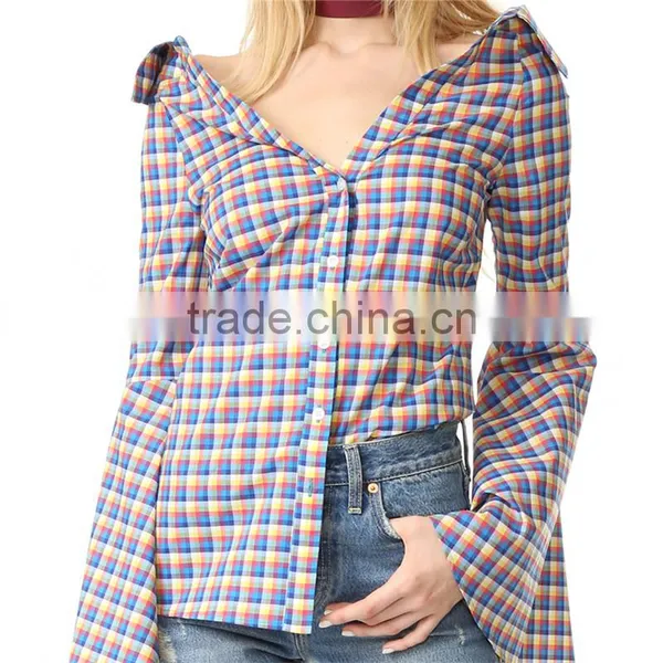 OEM Fashion Strapeless Neckline Horn Cuff Plaid Women Blouse photo-2