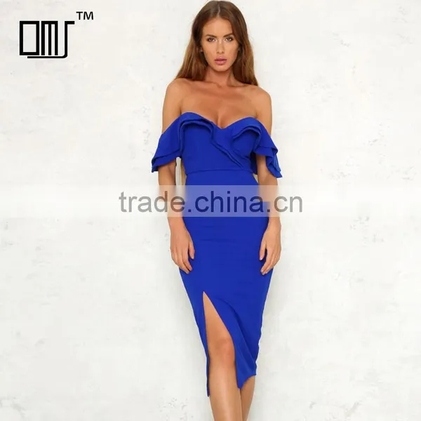 Off Shoulder Ruffled Padded Midi Dress Fashion Bodycon Women Garment