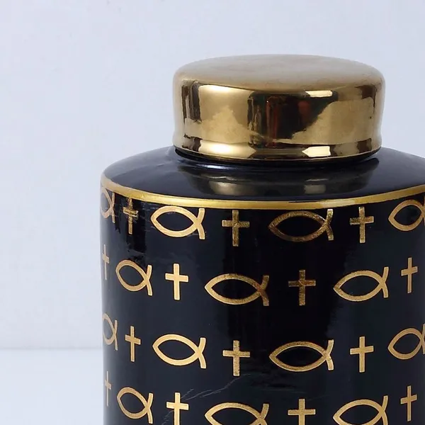 European Simple Style Straight Black Symbol Painting Hexagonal Cylinder Ceramic Vases With Golden Lid For Dining Room photo-4