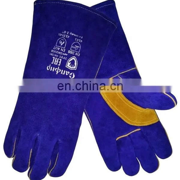 CW205B 14 Inch Blue Color Split Cow Leather Welding Safety Glove