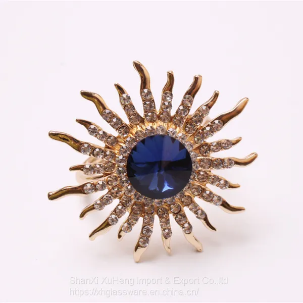Sparkling Blue Artificial Crystal Diamond Sun Flower Rhinestones Napkin Rings Holders photo-4