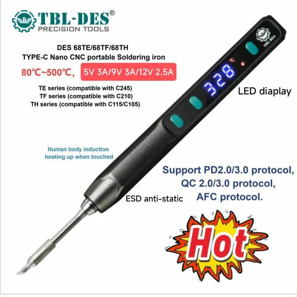 DES 68TE/68TF/68TH TYPE-C USB Protable Nano CNC High Precision ESD Safe Soldering Iron LED Display, Fast Heating, Auto Sleep, Auto Shut off photo-1