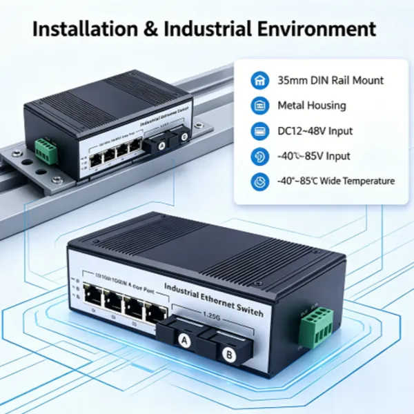 DIN Rail Industrial Gigabit 1 Port SC Single Fiber Media Converter, 1 Optical 1 RJ45 POE Fiber Ethernet Switch, Single Mode