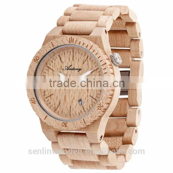 Wooden Watch Maple Case Even Strap Japan Movement With Calendar