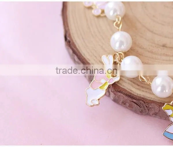 Enamel Rabbit Pumpkin Carriage the Playing Cards Clock Charms Bracelet Pearl Linked Bracelet With Assorted Charms photo-3