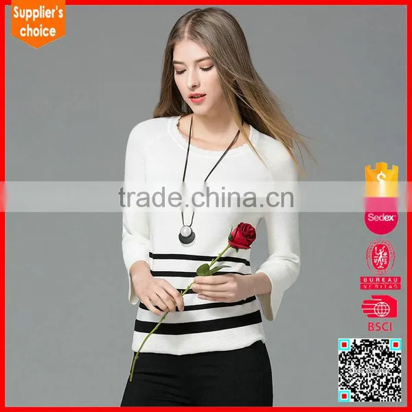 Latest Design 3/4 Sleeve Stripes Cotton Pullover Knitwear Ladies Sweater photo-2