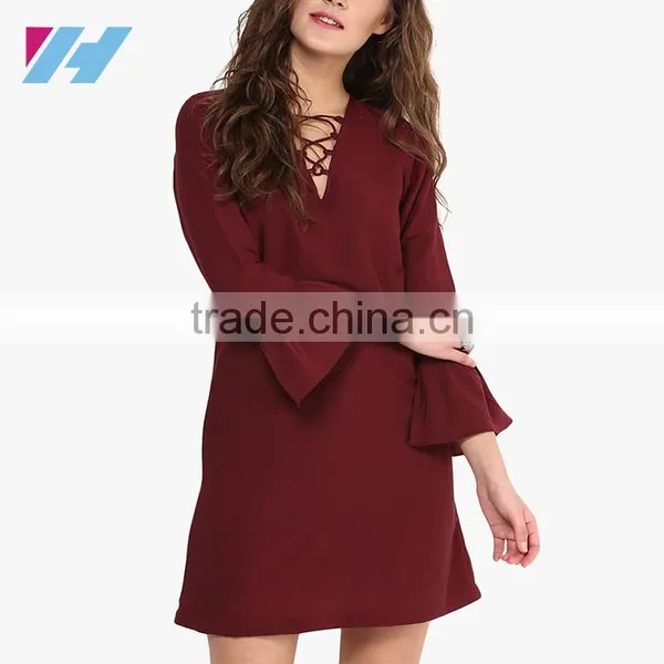 Summer Women's New Fashion Clothing 2016 Maroon Bell Sleeve Shift Dresses photo-2