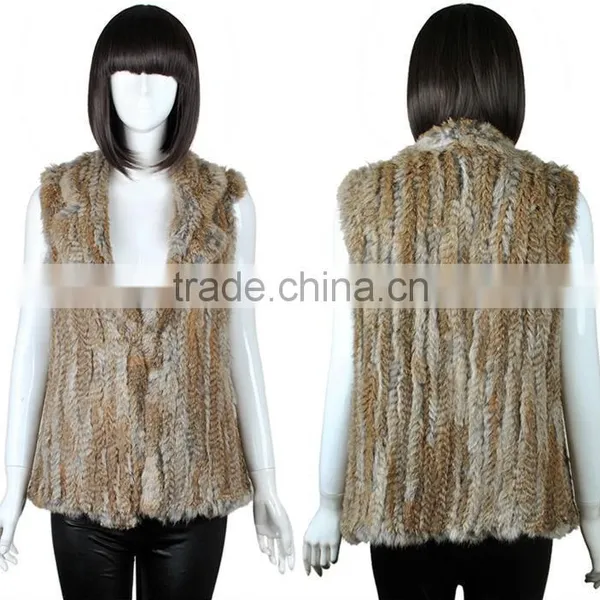YR321 New RU Design Turn-down Collar Real Natural Knitted Rabbit Fur Vest photo-2