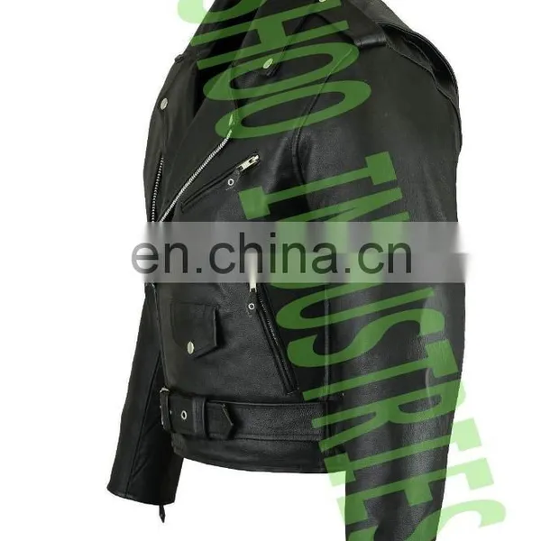 Classic BRANDO Black Blue Flame Men's Motorcycle Biker Hide Real Leather Jacket photo-3