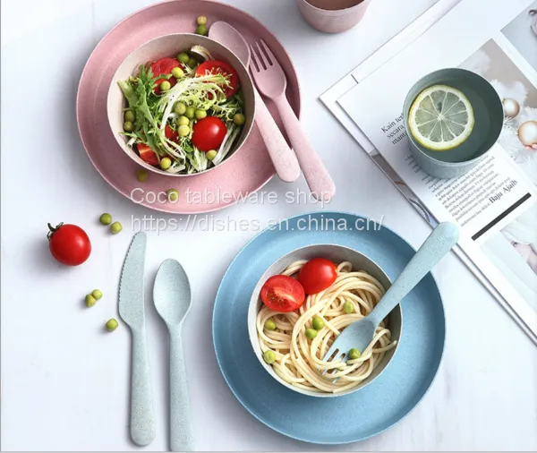 Spot Wheat Straw Tableware Wheat Straw Tableware Set Cup Bowl Set Cutlery, Fork and Spoon Set Anti - Fall Plate Wholesale photo-3