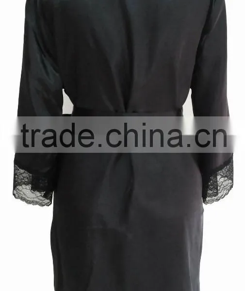 Comfortable Women Black Satin Lace Robe photo-3