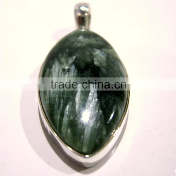 Seraphinite Marquise Natural Gemstone Cabochon Pendant, 925 Solid Sterling Silver Pendant photo-2