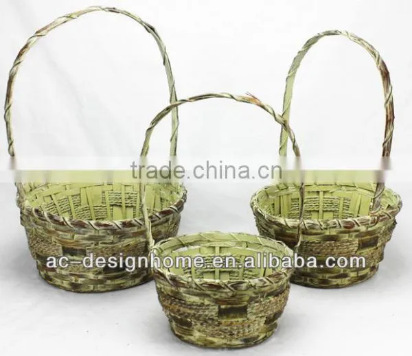 S/3 MUSTARD WASH ROUND BAMBOO CHIP/SEAGRASS BASKET W/HANDLE