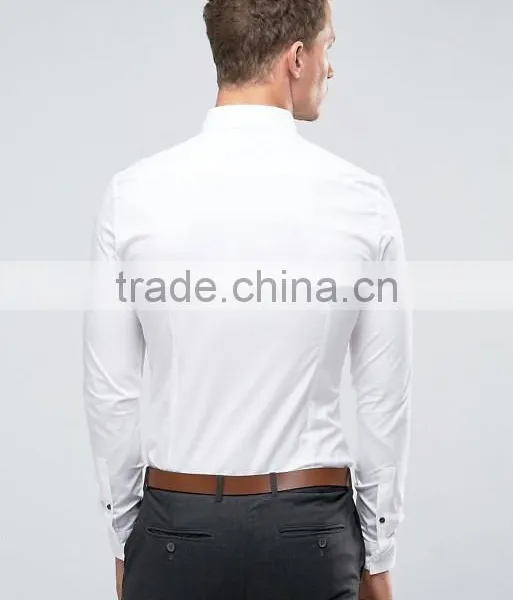 Custom Long Sleeve Spread Collar Mens 97% Cotton 3% Elastane Stretch Casual Skinny Fit Business White Solid Shirts photo-2