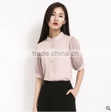F20043B Puffy Sleeve Fashion Lady t Shirt Pink Color Chiffon Blouse