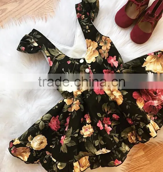 Toddler Girls Fall Autumn Black Burgundy Floral Vintage Boho Short Ruffle Dress photo-3